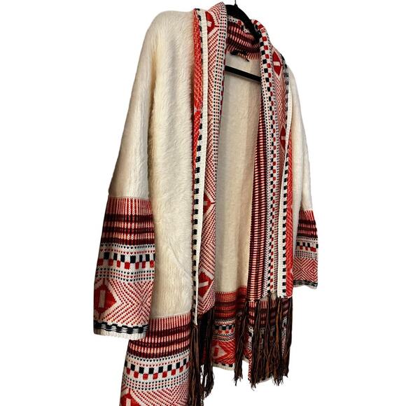 Maxsport Open Front Southwestern Aztec Tribal Fringe Knit Cardigan Size Small - Picture 2 of 7
